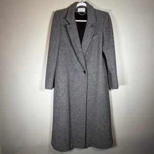 Ashley Scott Vintage Wool Herringbone Coat Grey Long Double Breasted Medium